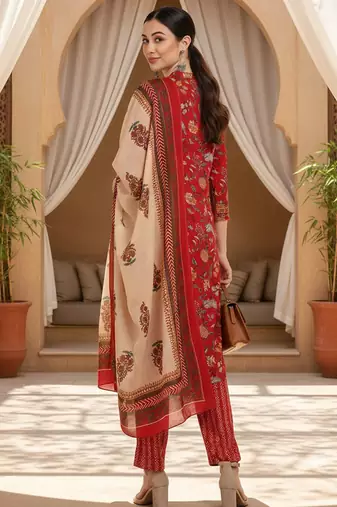red color printed pure cotton styles kurta trouser with dupatta