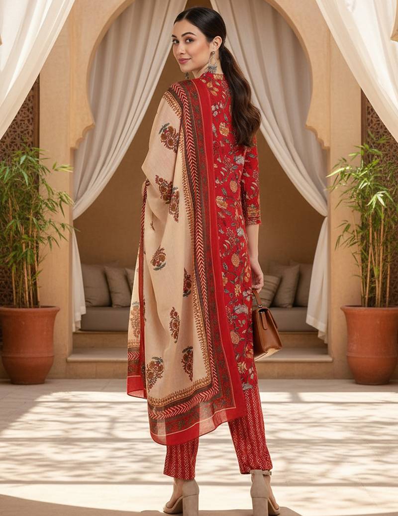 red color printed pure cotton styles kurta trouser with dupatta