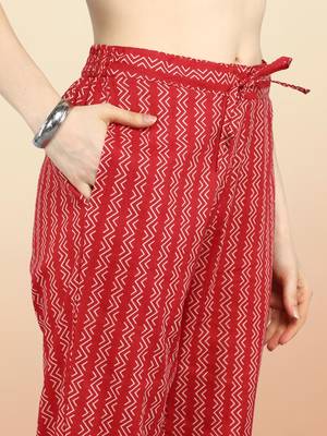 red color printed pure cotton styles kurta trouser with dupatta 4