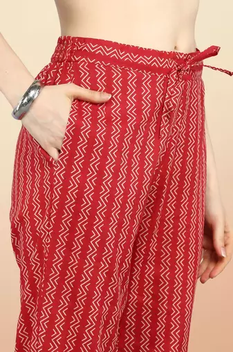 red color printed pure cotton styles kurta trouser with dupatta