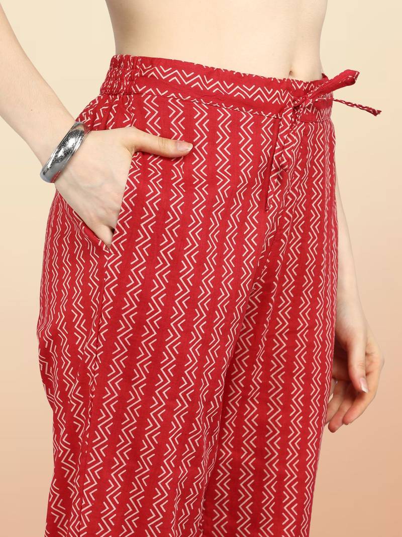 red color printed pure cotton styles kurta trouser with dupatta