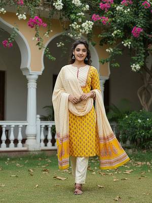 yellow color printed rayon blend styles kurta trouser with dupatta 1