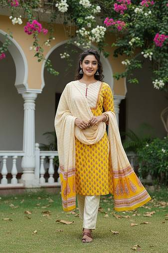 yellow color printed rayon blend styles kurta trouser with dupatta