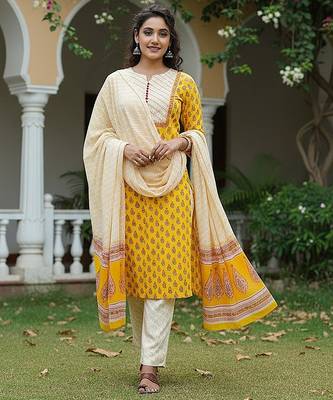 yellow color printed rayon blend styles kurta trouser with dupatta 1