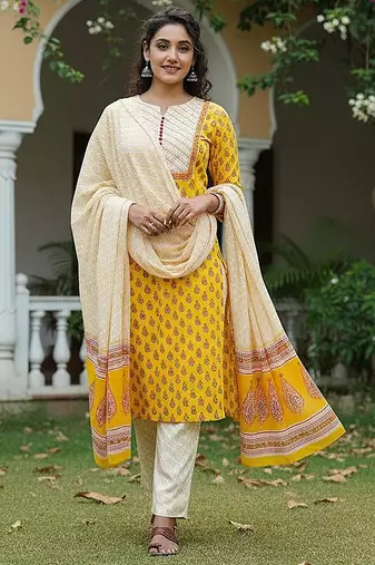 yellow color printed rayon blend styles kurta trouser with dupatta