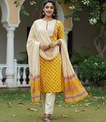 yellow color printed rayon blend styles kurta trouser with dupatta