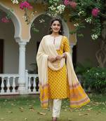 yellow color printed rayon blend styles kurta trouser with dupatta