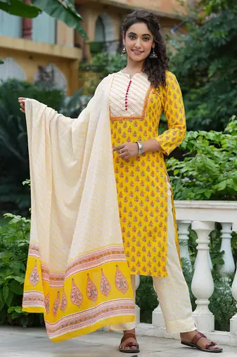 yellow color printed rayon blend styles kurta trouser with dupatta