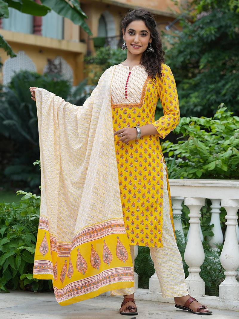 yellow color printed rayon blend styles kurta trouser with dupatta