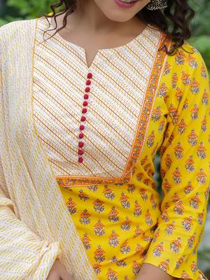 yellow color printed rayon blend styles kurta trouser with dupatta 2