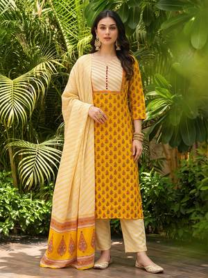 Yellow Printed Rayon Blend Kurta Trouser with Ahika 2