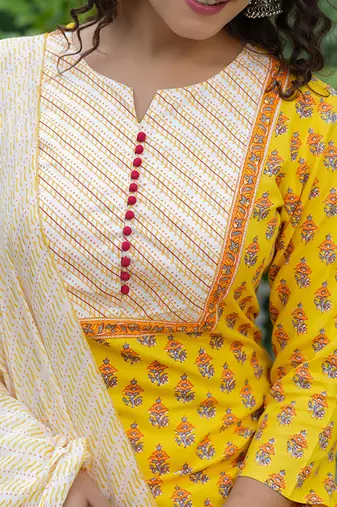 yellow color printed rayon blend styles kurta trouser with dupatta