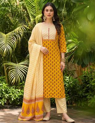 yellow color printed rayon blend styles kurta trouser with dupatta 2