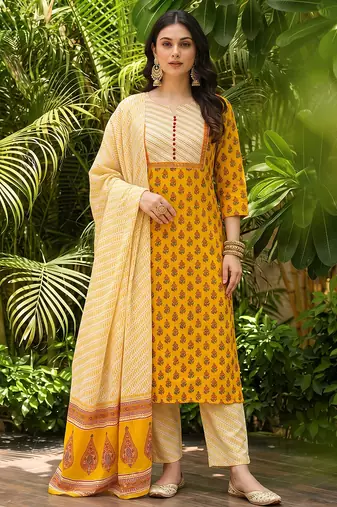 yellow color printed rayon blend styles kurta trouser with dupatta