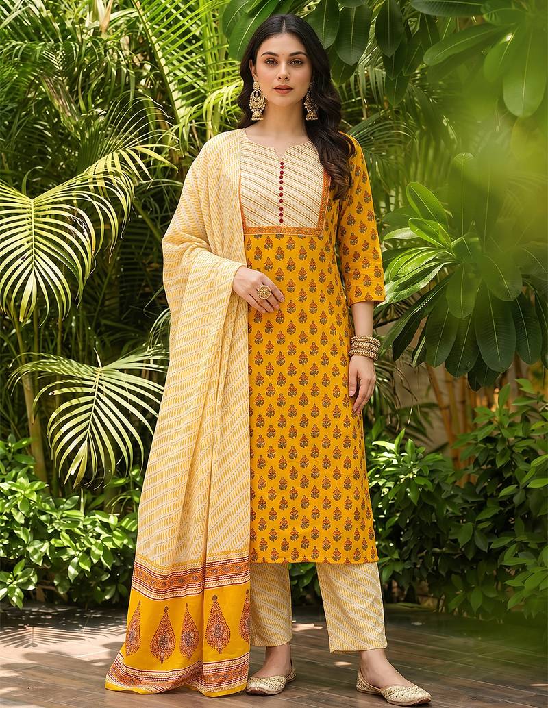 yellow color printed rayon blend styles kurta trouser with dupatta