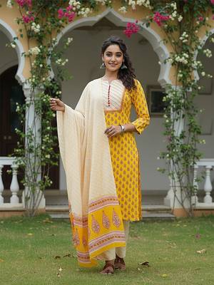 yellow color printed rayon blend styles kurta trouser with dupatta 3