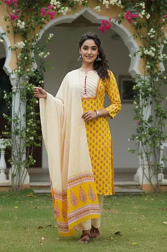 yellow color printed rayon blend styles kurta trouser with dupatta