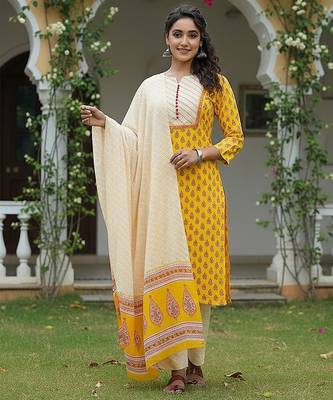 yellow color printed rayon blend styles kurta trouser with dupatta 3