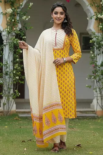 yellow color printed rayon blend styles kurta trouser with dupatta
