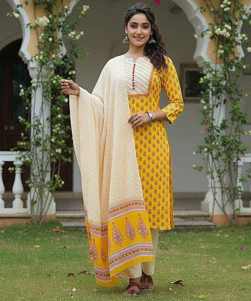 yellow color printed rayon blend styles kurta trouser with dupatta