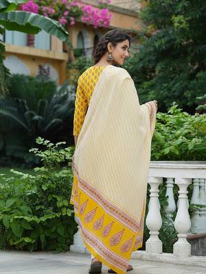 yellow color printed rayon blend styles kurta trouser with dupatta 4