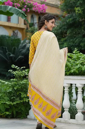 yellow color printed rayon blend styles kurta trouser with dupatta