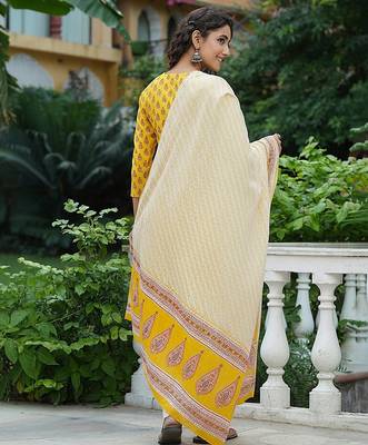 yellow color printed rayon blend styles kurta trouser with dupatta 4