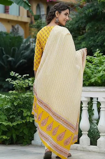 yellow color printed rayon blend styles kurta trouser with dupatta