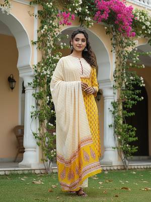 yellow color printed rayon blend styles kurta trouser with dupatta 5