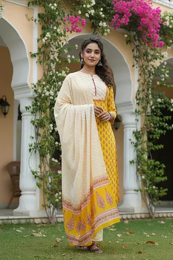 yellow color printed rayon blend styles kurta trouser with dupatta