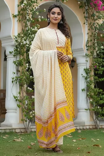 yellow color printed rayon blend styles kurta trouser with dupatta