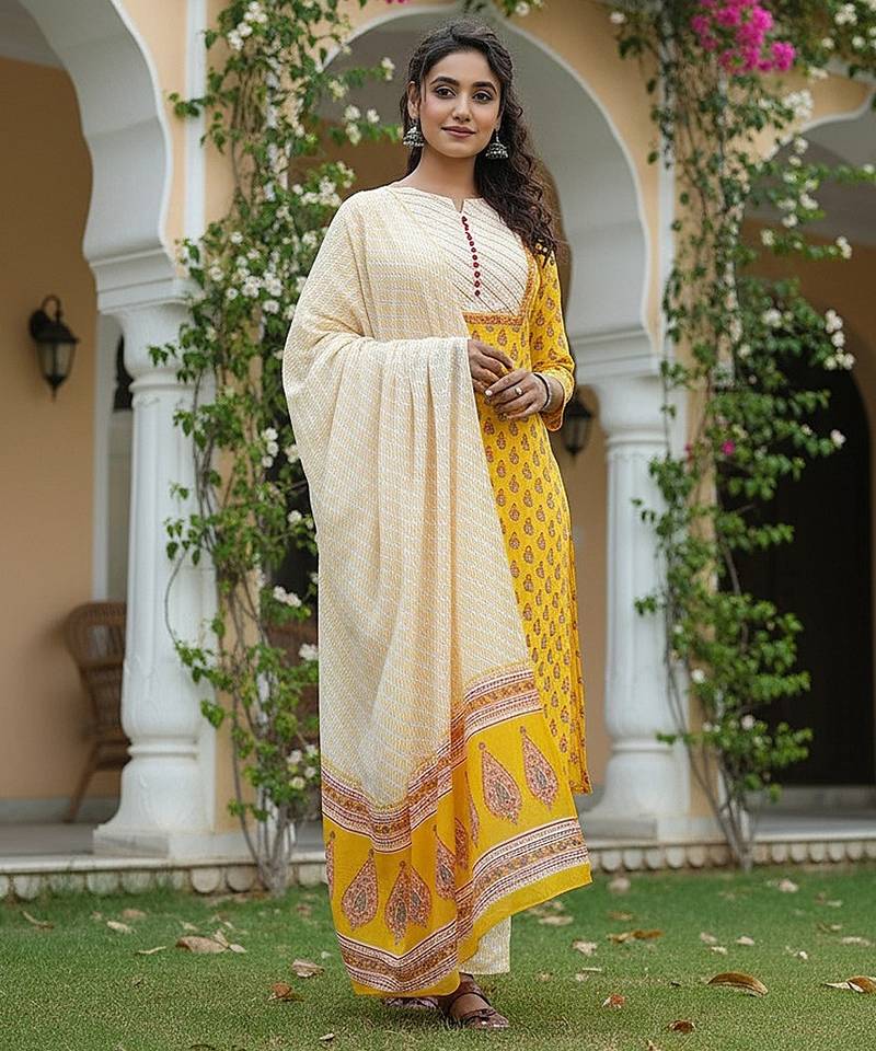 yellow color printed rayon blend styles kurta trouser with dupatta