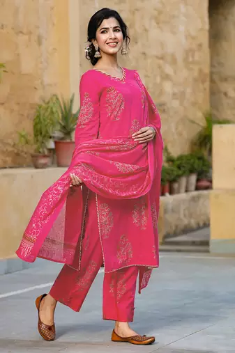 Pink Viscose Rayon Printed Floral Kurti Set