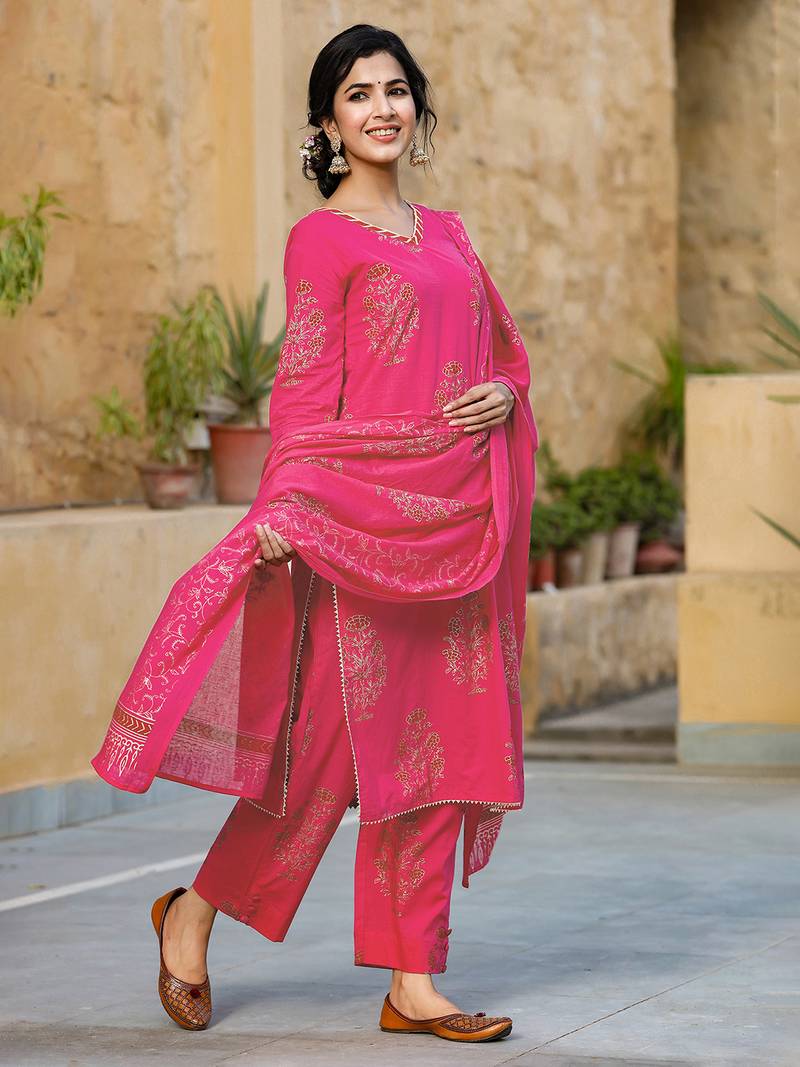 Pink Viscose Rayon Printed Floral Kurti Set