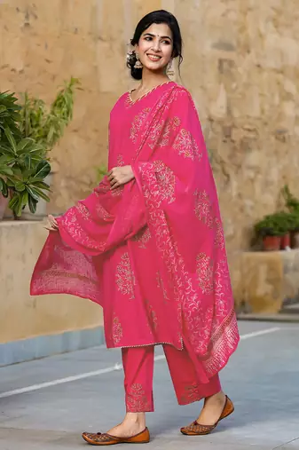 Pink Viscose Rayon Printed Floral Kurti Set