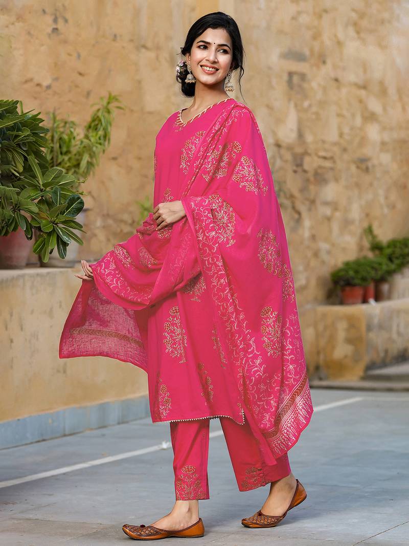 Pink Viscose Rayon Printed Floral Kurti Set