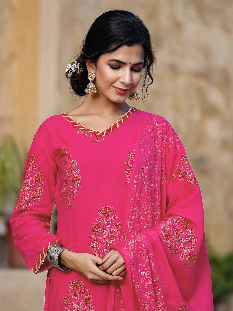 Pink Viscose Rayon Printed Floral Kurti Set