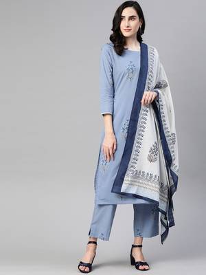 blue color printed pure cotton styles kurta trouser with dupatta 1