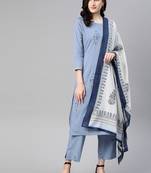 blue color printed pure cotton styles kurta trouser with dupatta