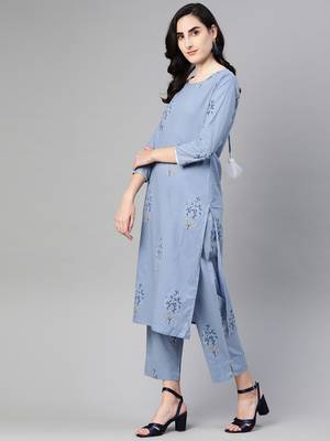 blue color printed pure cotton styles kurta trouser with dupatta 2
