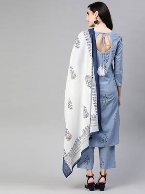 blue color printed pure cotton styles kurta trouser with dupatta 3