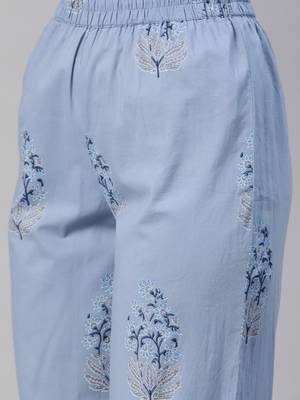 blue color printed pure cotton styles kurta trouser with dupatta 5