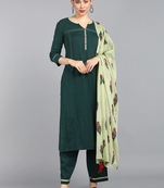 green color solid pure cotton styles kurta trouser with dupatta