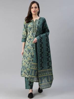 green color printed rayon blend styles kurta trouser with dupatta 1