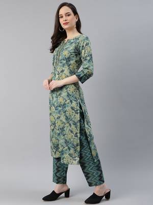 green color printed rayon blend styles kurta trouser with dupatta 3