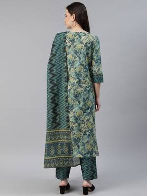 green color printed rayon blend styles kurta trouser with dupatta 4
