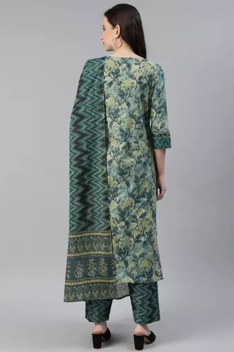 green color printed rayon blend styles kurta trouser with dupatta
