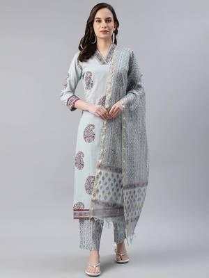 grey color printed pure cotton styles kurta trouser with dupatta 1