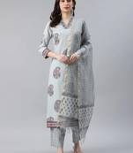 grey color printed pure cotton styles kurta trouser with dupatta