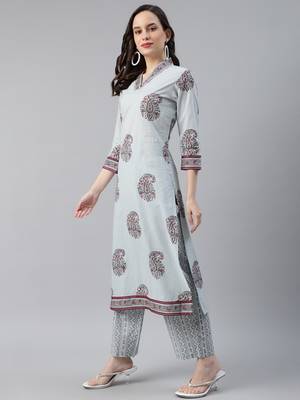 grey color printed pure cotton styles kurta trouser with dupatta 3